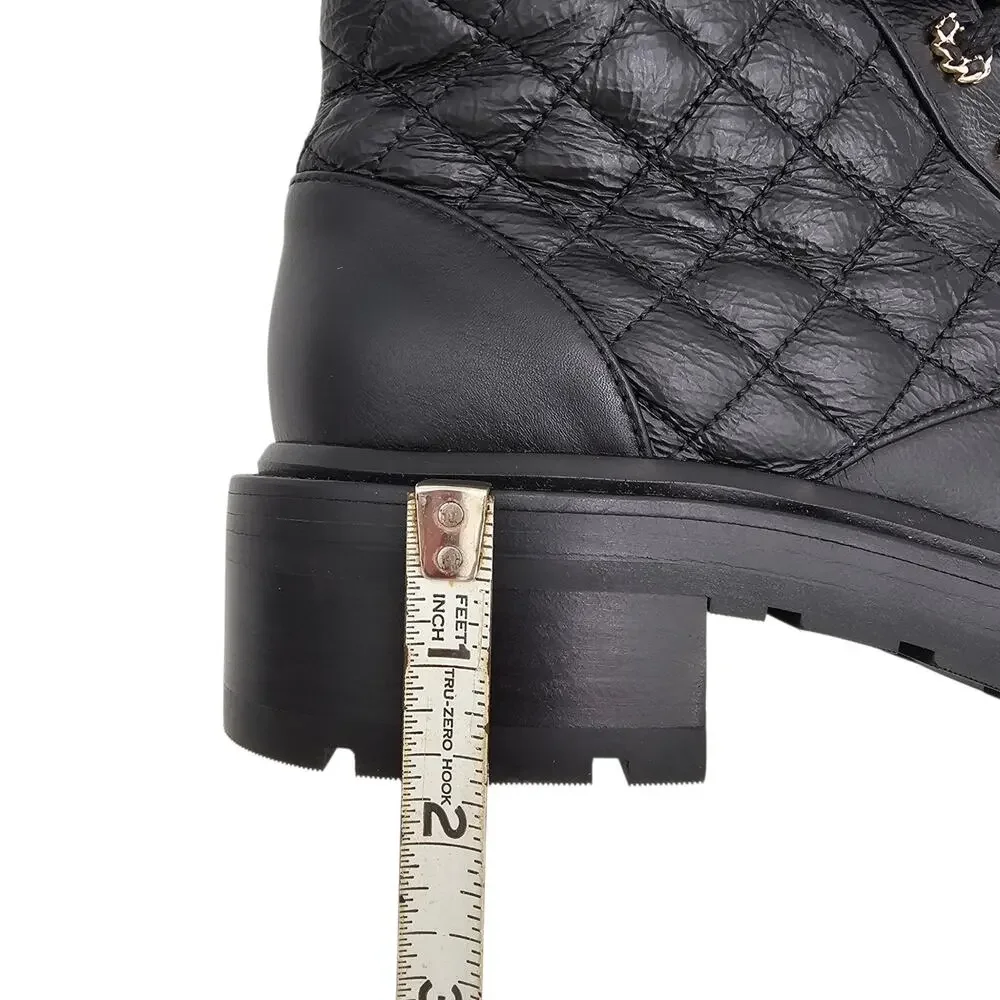 Chanel CC Chain Black Quilted Leather Combat Short Boot Lace Up Size 39 8 8.5
